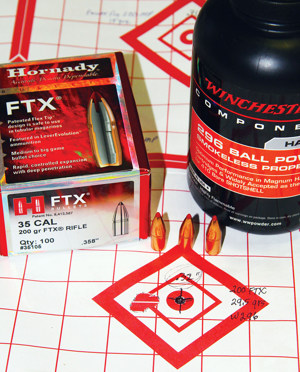 By far the smallest group of the entire test – .32-inch at 2,424 fps – resulted from 29.5 grains of Winchester 296 powder and Hornady’s 200-grain FTX bullet. That load offers some serious knockdown power.